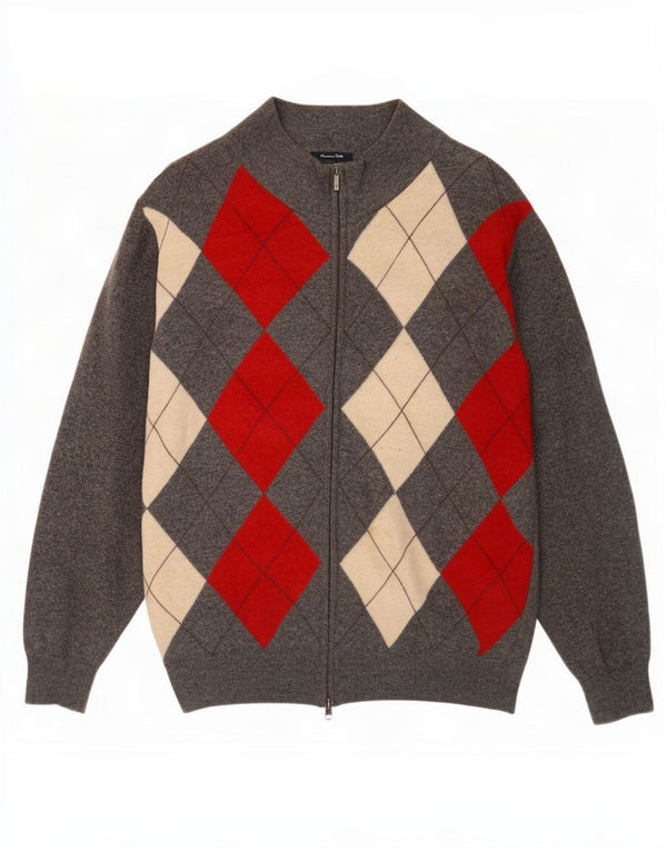 Massimo Dutti Herre Zip Neck Jumper Sweater 2XL Grå Argyle/Diamond Wool