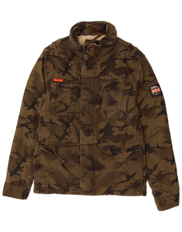 Superdry Militærjakke med hætte til mænd UK 38 Medium Khaki Camouflage Bomuld