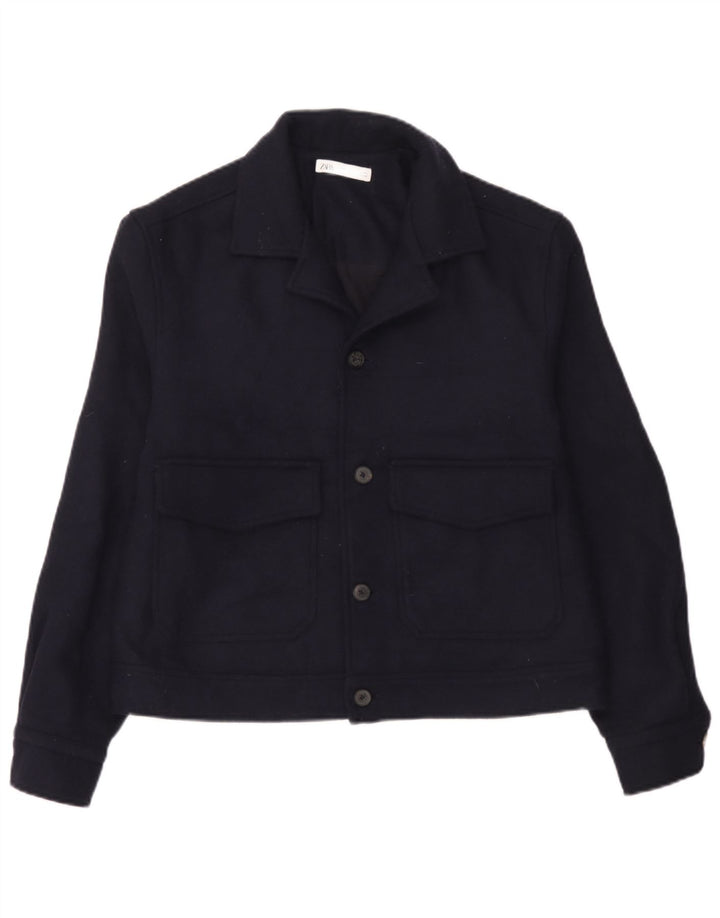 Zara Herre Bomber Jacket UK 38 Medium Navy Blue Wool