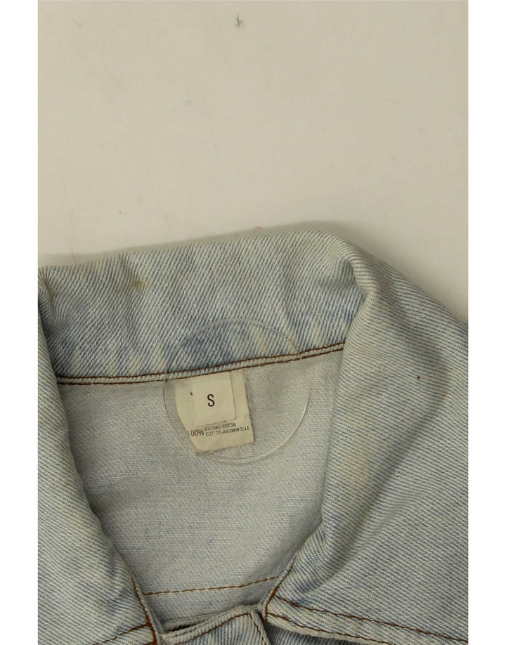 Vintage Dame Crop Graphic Denim Jacket UK 10 Small Blue Cotton