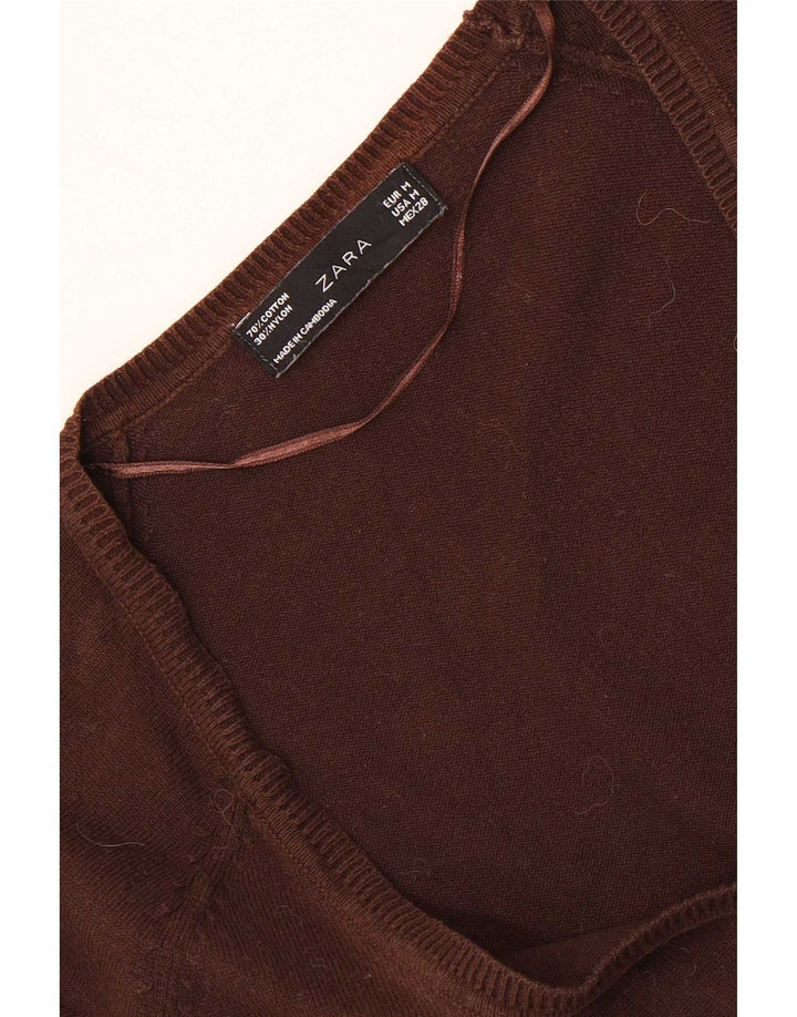 Zara Dame Cardigan Sweater UK 12 Medium Brun Bomuld