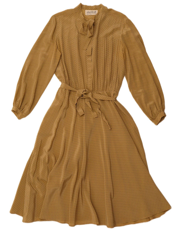 VINTAGE Dame Front Tie Langærmet Maxikjole EU 44 XL Brun Plettet