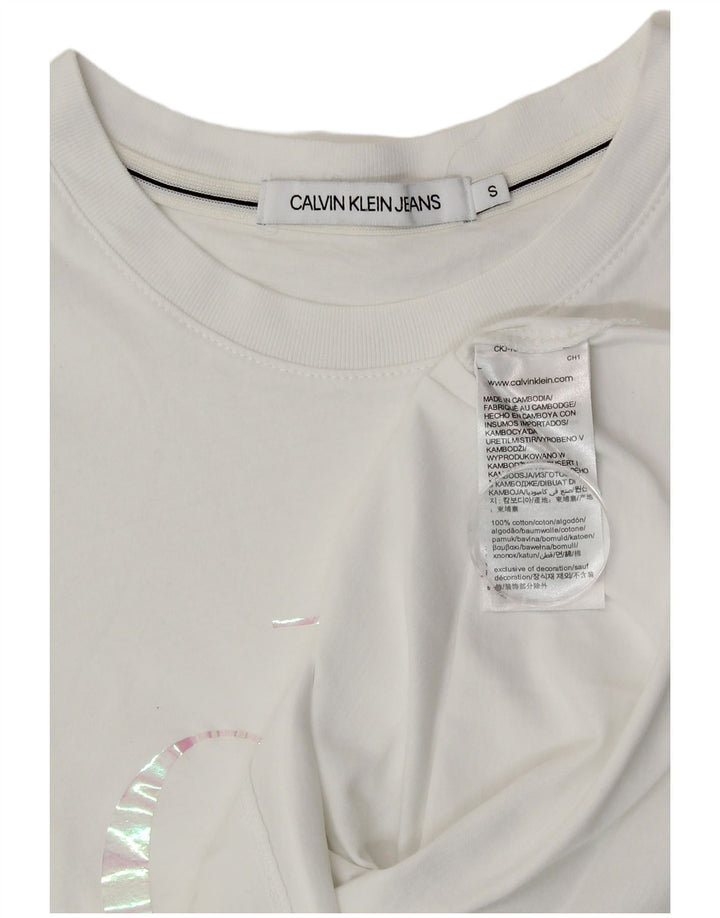 Calvin Klein Dame Crop Grafisk T-Shirt Top UK 8 Small Off White Logo