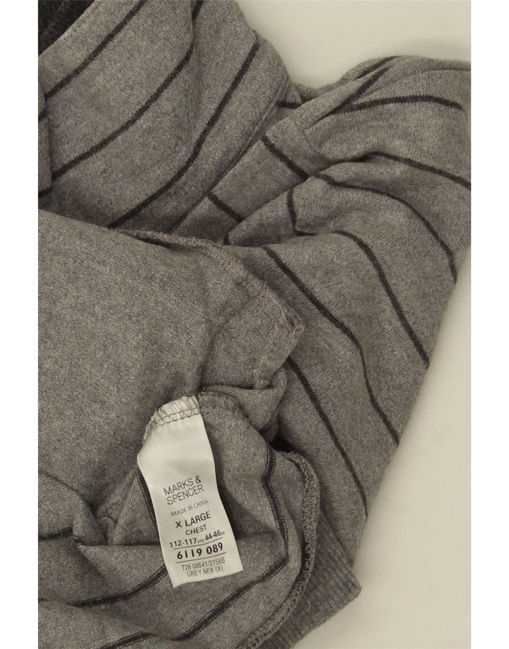 Marks & Spencer Herre Button Neck Jumper Sweater XL Gråstribet bomuld
