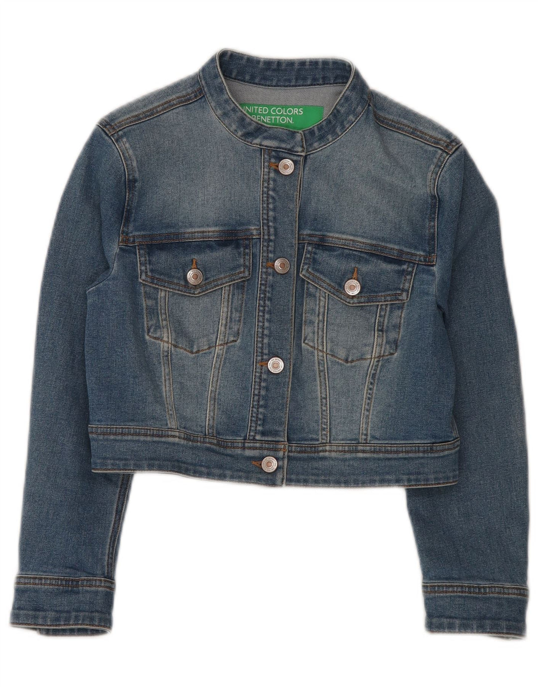 BENETTON Dame Crop denimjakke UK 10 Lille blå bomuld