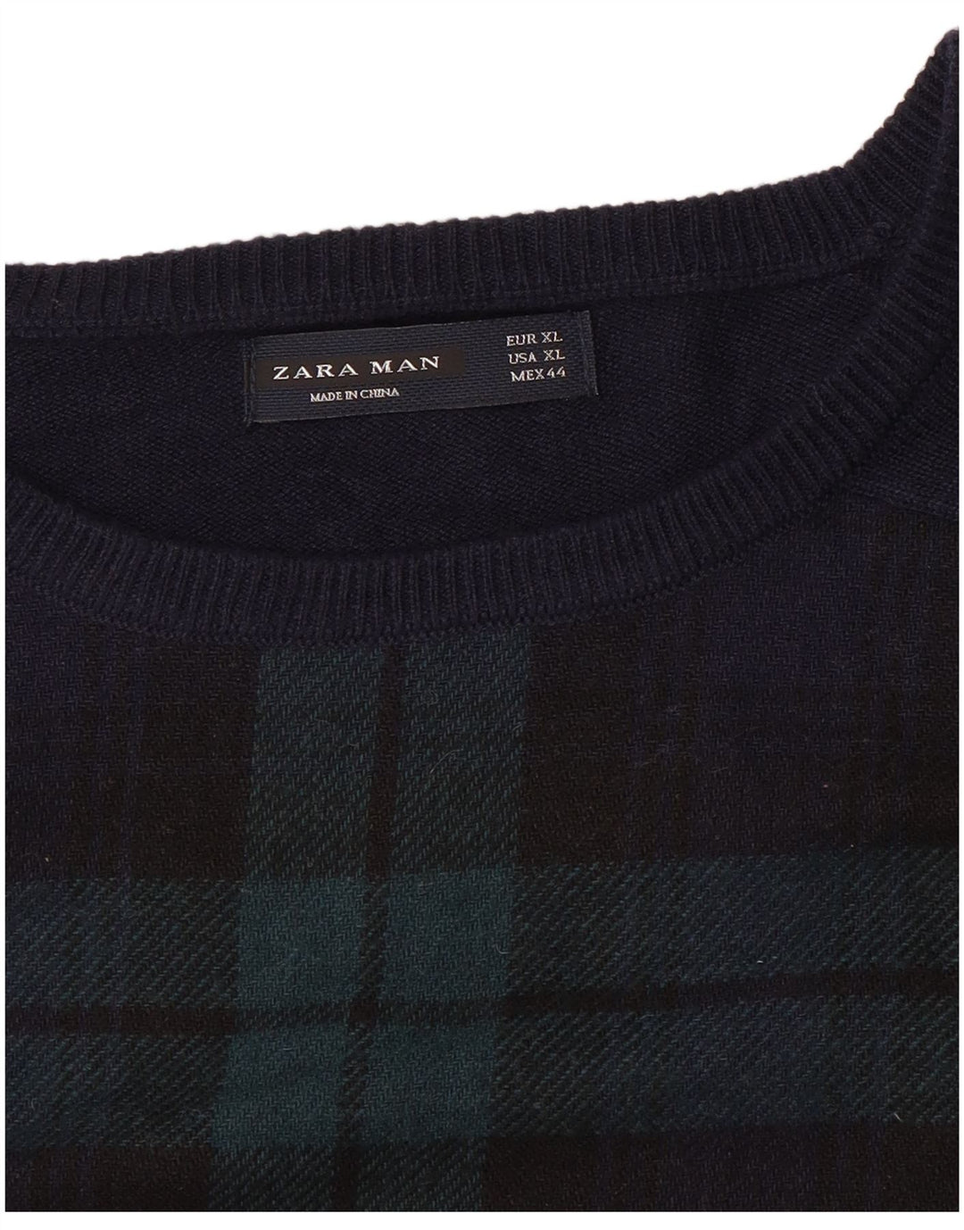 ZARA Herre Boat Neck Jumper Sweater XL Navy Blue Check