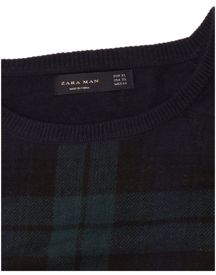 ZARA Herre Boat Neck Jumper Sweater XL Navy Blue Check