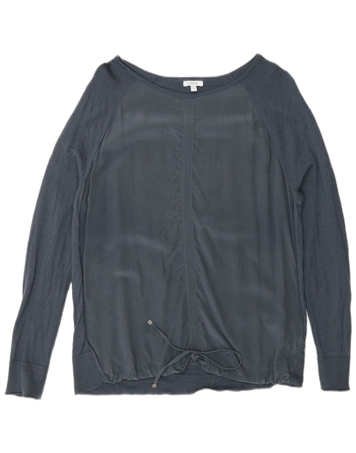 Jigsaw Womens Front Tie Top Langærmet UK 16 Large Navy Blue Silk
