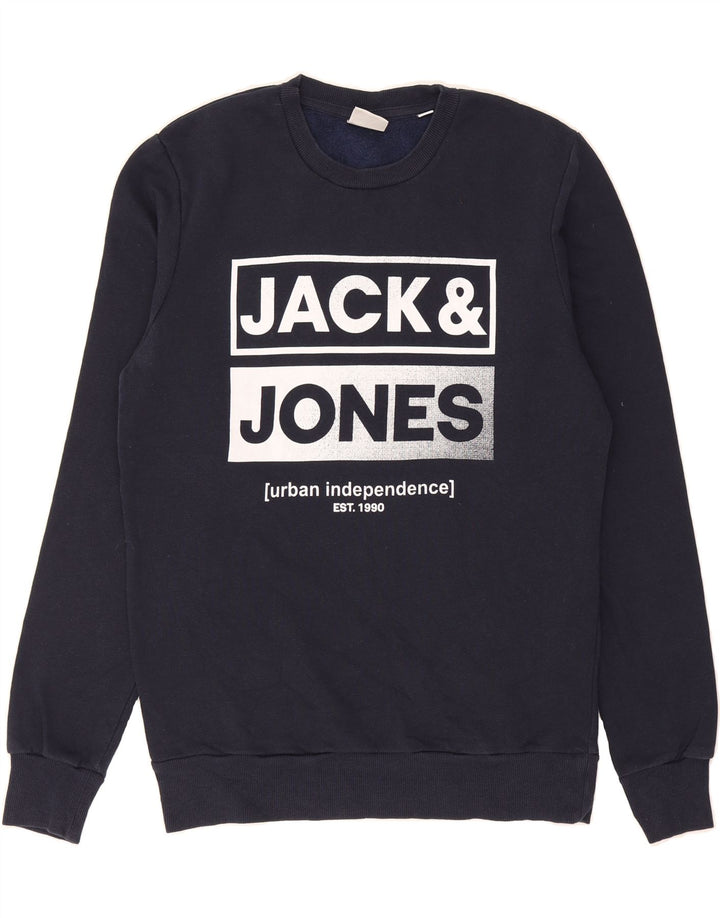 JACK & JONES Mens Core Graphic Sweatshirt Jumper Small Navy Blue Cotton Vintage Jack & Jones and Second-Hand Jack & Jones from Messina Hembry 