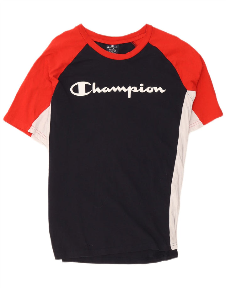 Champion Herre grafisk T-shirt Top Medium Marineblå Colourblock Bomuld