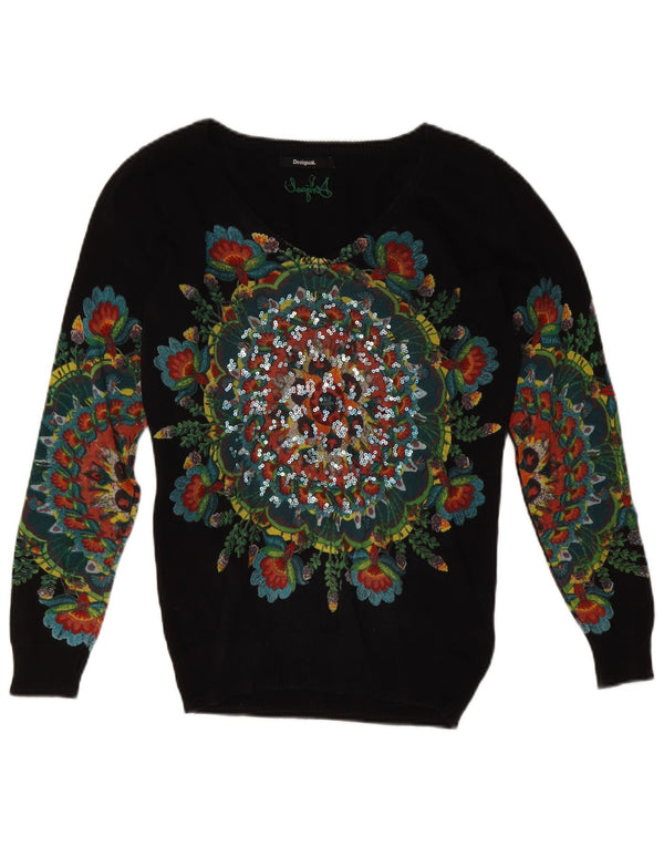 Desigual Dame V-hals sweater UK 10 Small Black Floral Bomuld