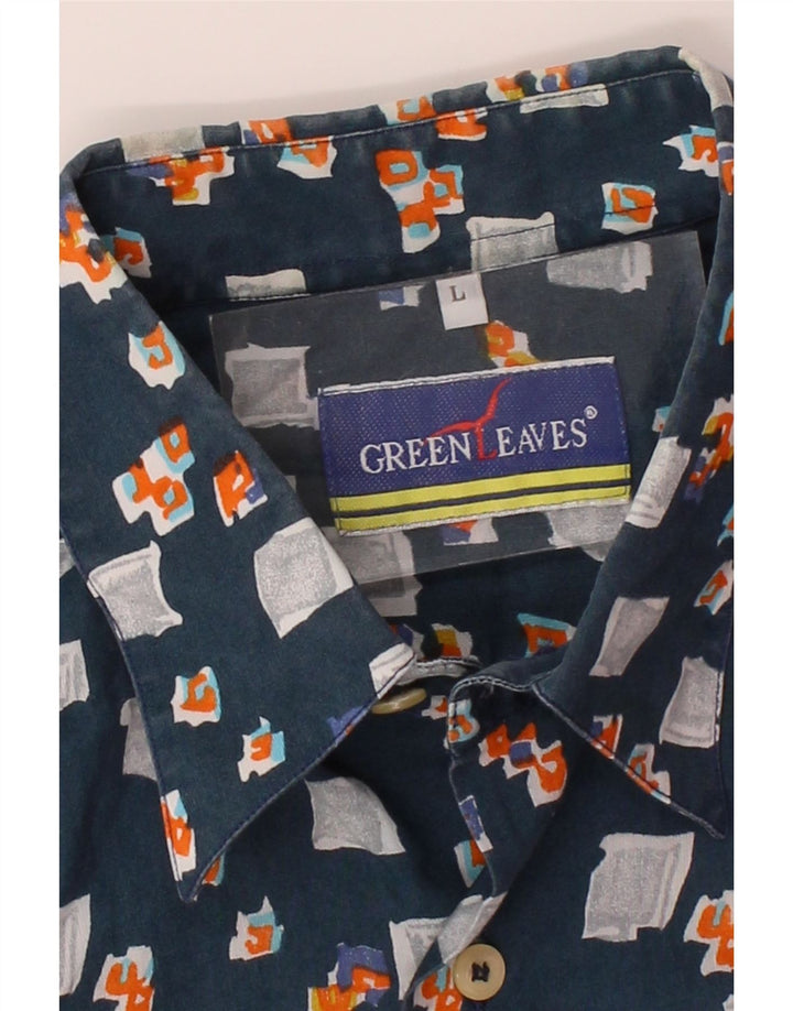 GREEN LEAVES Mens Abstract Pattern Short Sleeve Shirt Large Navy Blue Vintage Green Leaves and Second-Hand Green Leaves from Messina Hembry 