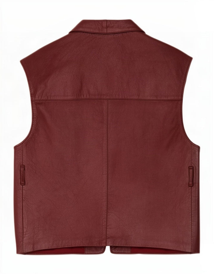 Vintage Dame Oversized Åben Læder Gilet UK 10 Lille Brun