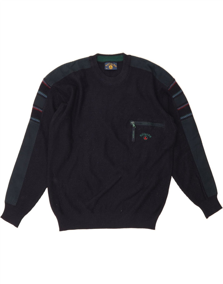 NAVIGARE Mens Crew Neck Jumper Sweater Medium Navy Blue Striped Vintage Navigare and Second-Hand Navigare from Messina Hembry 