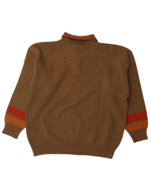 Vintage Herre Polo Neck Jumper Sweater Stor Brun Colourblock Alpaca Uld