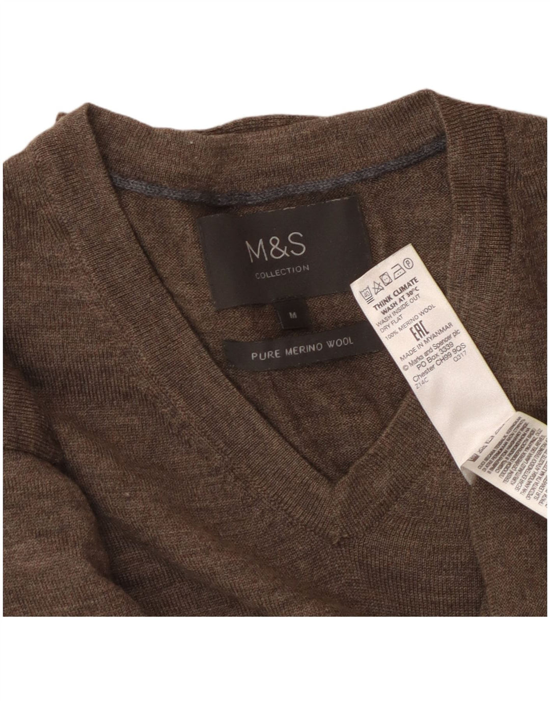 MARKS & SPENCER Herre V-hals sweater Medium Brun Merinould