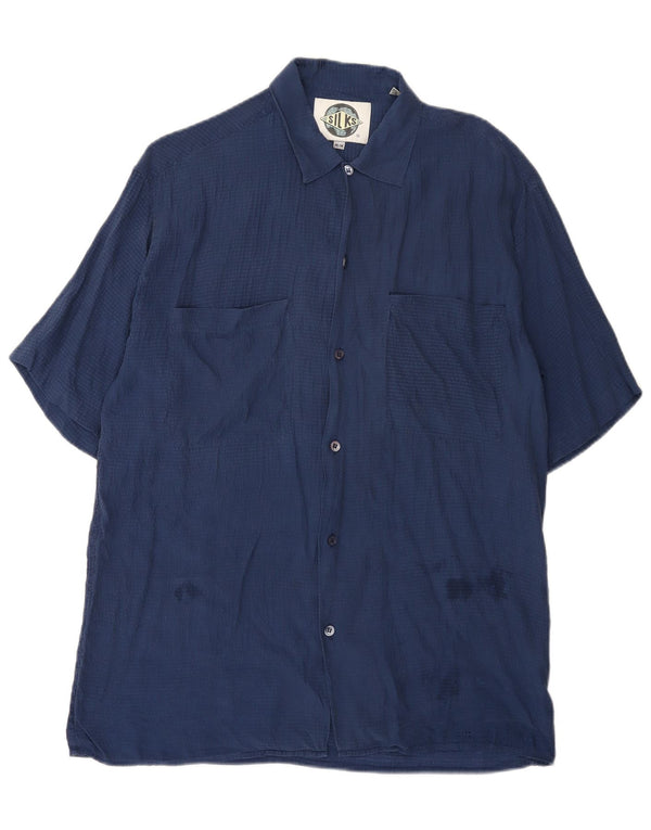 Vintage kortærmet herreskjorte medium marineblå silke