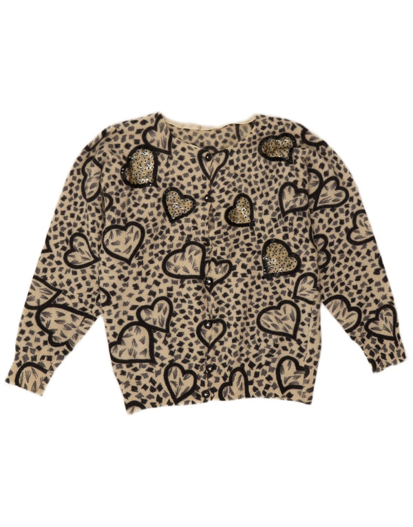 Vintage Dame Cardigan Sweater UK 10 Small Beige Animal Print Lammeuld