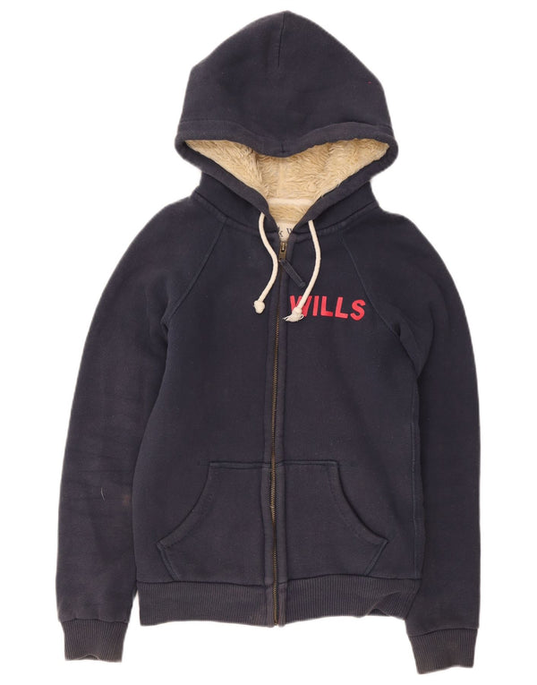 Jack Wills Dame Grafisk Sherpa Zip Hættetrøje Sweater UK 8 Small Navy Blue