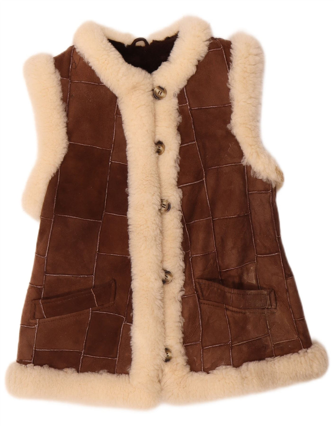 VINTAGE Dame Shearling Gilet EU 36 lille brun patchwork læder