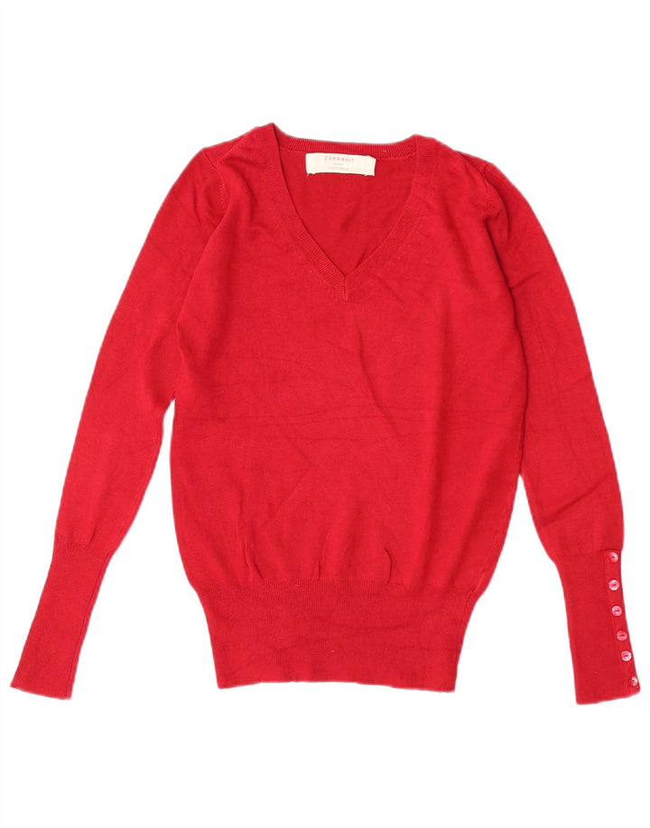 Zara Dame V-hals sweater UK 10 Small Red Rayon