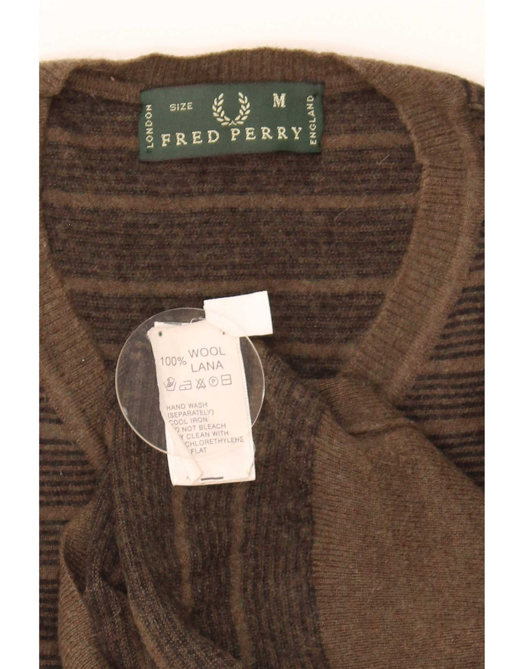 Fred Perry Herre V-hals sweater Medium Khaki stribet uld
