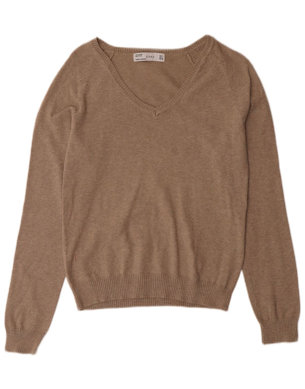 Zara Dame V-hals sweater UK 14 Stor brun bomuld