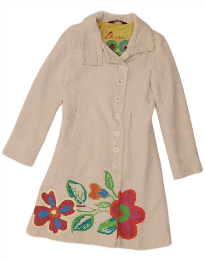 Desigual Dame Overfrakke EU 38 Medium Hvid Blomster Bomuld