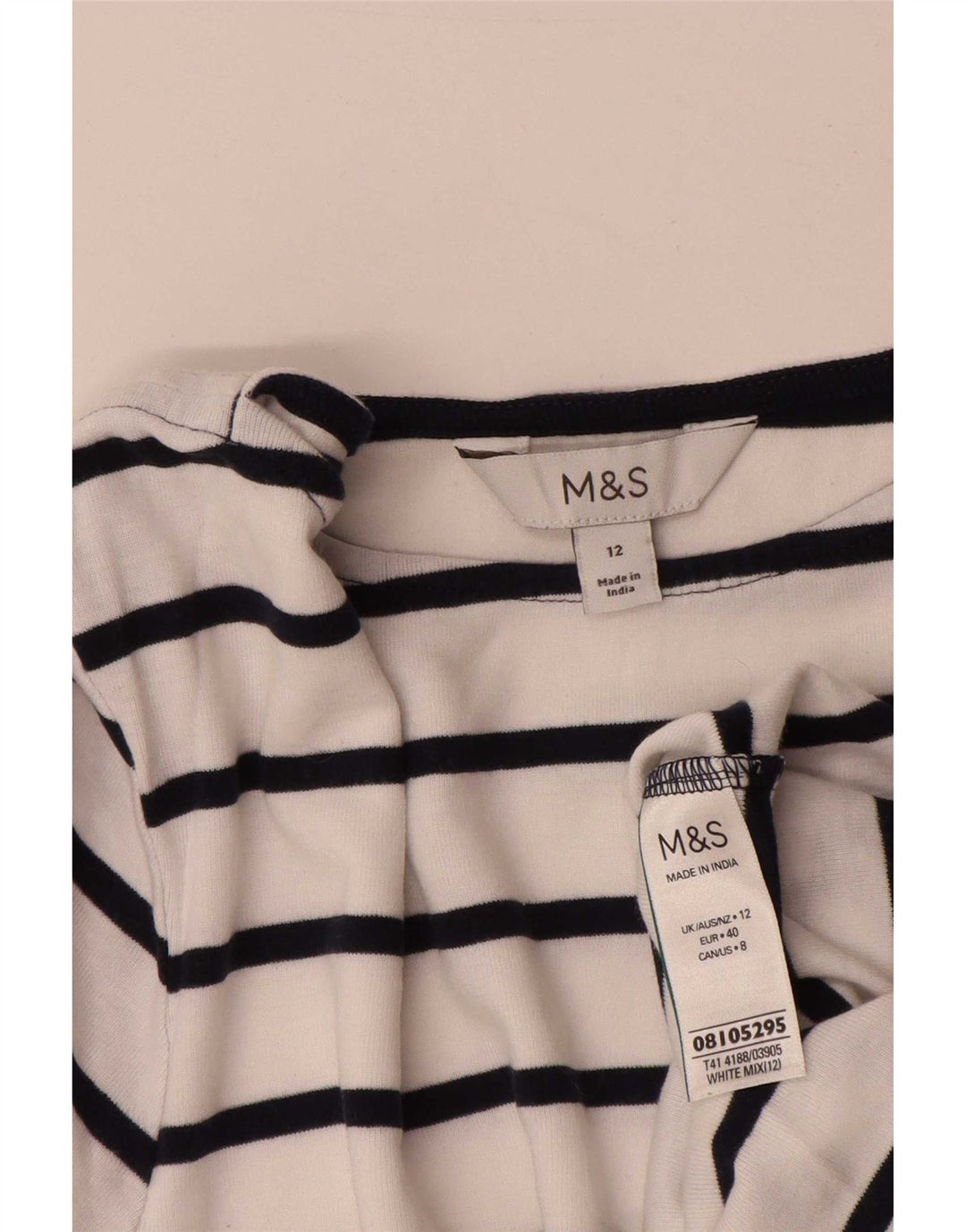 Marks & Spencer Dame Top 3/4 ærmer UK 12 Mellem hvid stribet bomuld