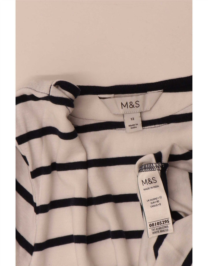 Marks & Spencer Dame Top 3/4 ærmer UK 12 Mellem hvid stribet bomuld