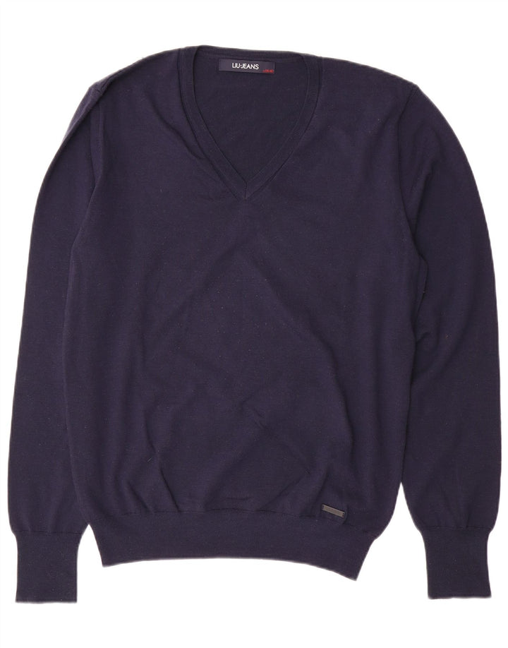 LIU JO Dame V-hals sweater UK 18 XL Marineblå Uld