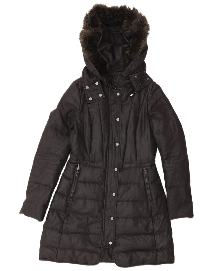 Zara Dame Hætte Polstret Frakke UK 12 Medium Sort Polyester Vinter