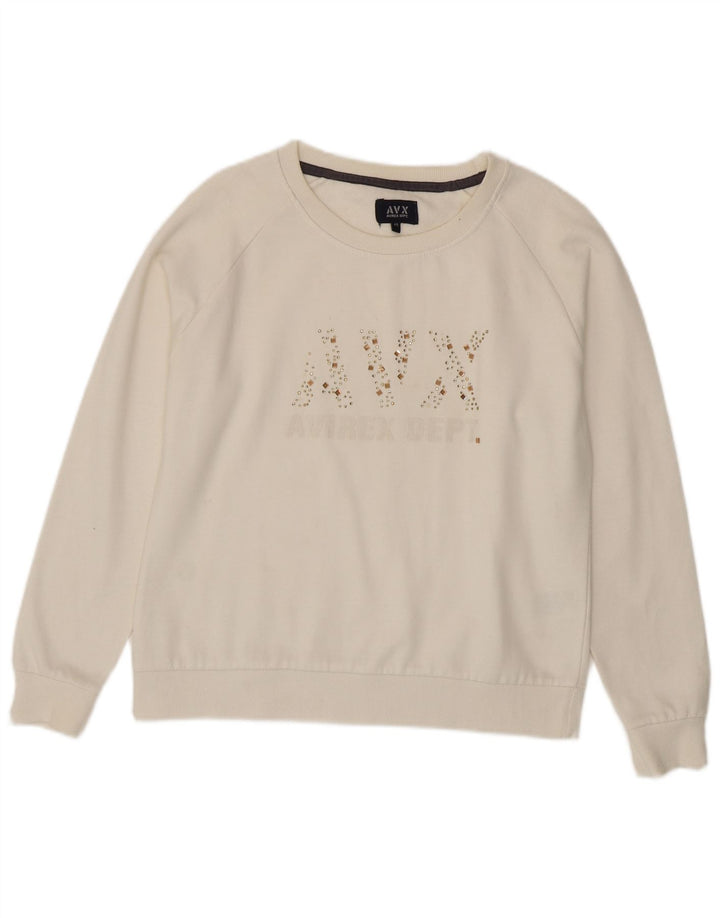 Avirex Dame Grafisk Sweatshirt Jumper UK 14 Medium Hvid Bomuld