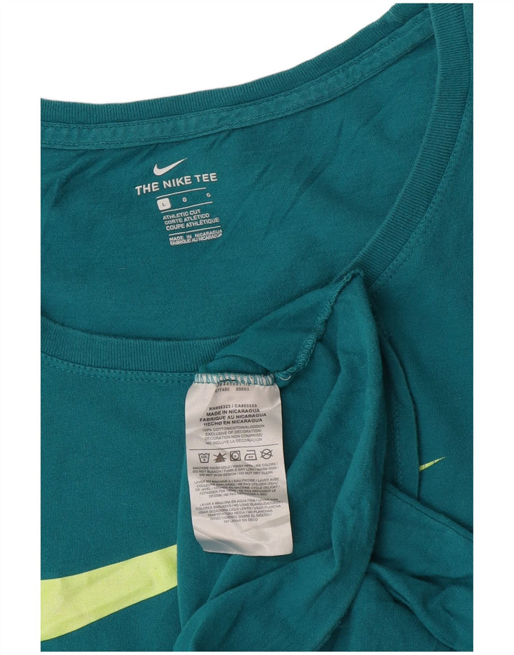 NIKE Dame atletisk snit grafisk T-shirt top UK 16 Stor blå bomuld