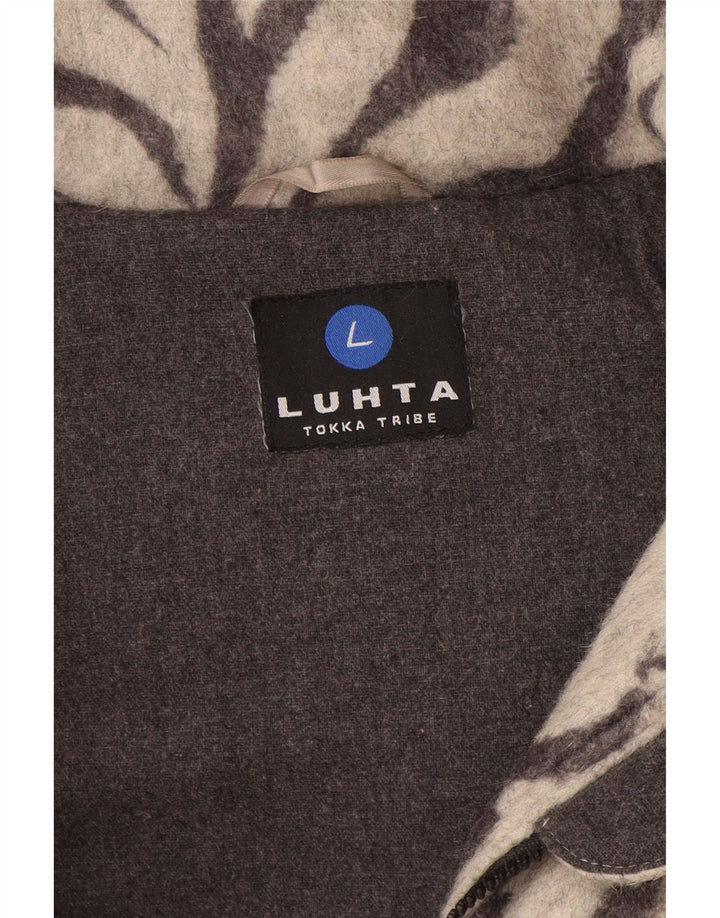 Luhta Dame Hætte Polstret Frakke UK 12 Medium Grey Animal Print Uld