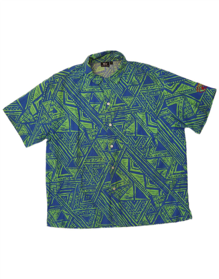 VINTAGE Kortærmet Herreskjorte Stor Blå Geometrisk Polyester