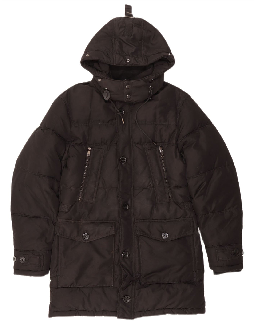 Zara Herre hættepolstret frakke UK 36 Lille sort polyester