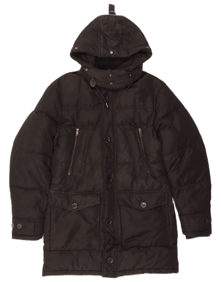 Zara Herre hættepolstret frakke UK 36 Lille sort polyester