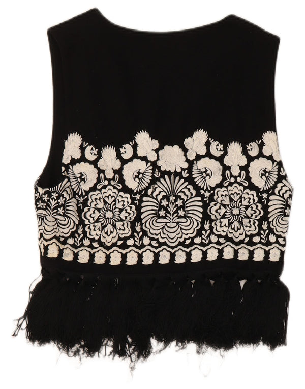 Vintage damevest UK 4 Lille sort blomstret uld