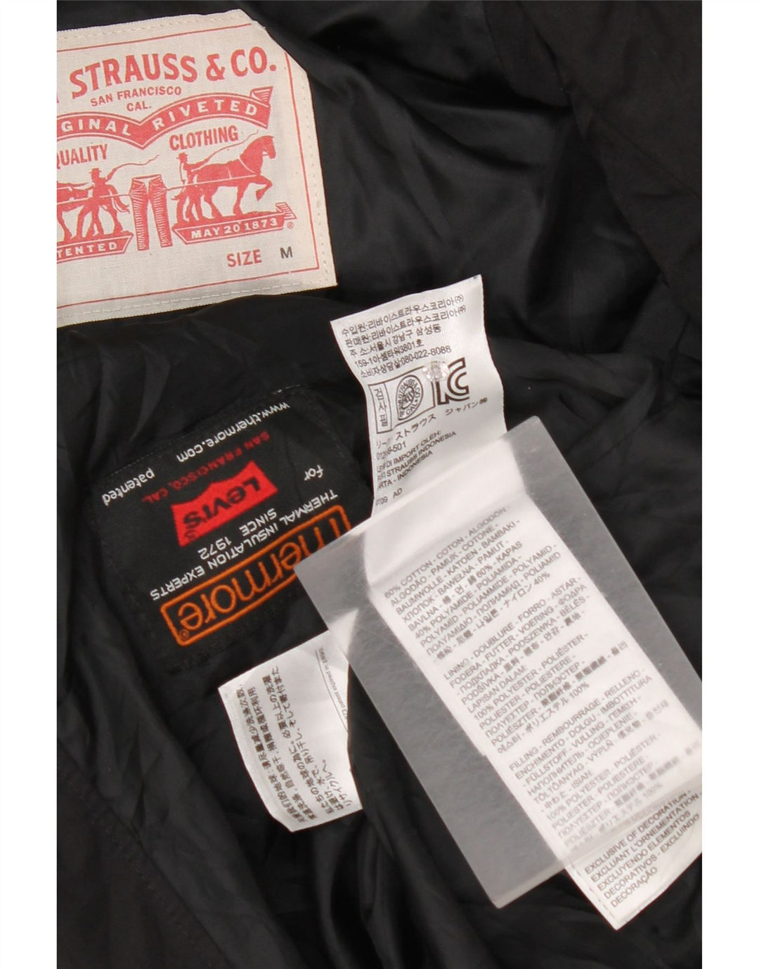 Levi's Herre hættepolstret jakke UK 38 Medium Sort Bomuld