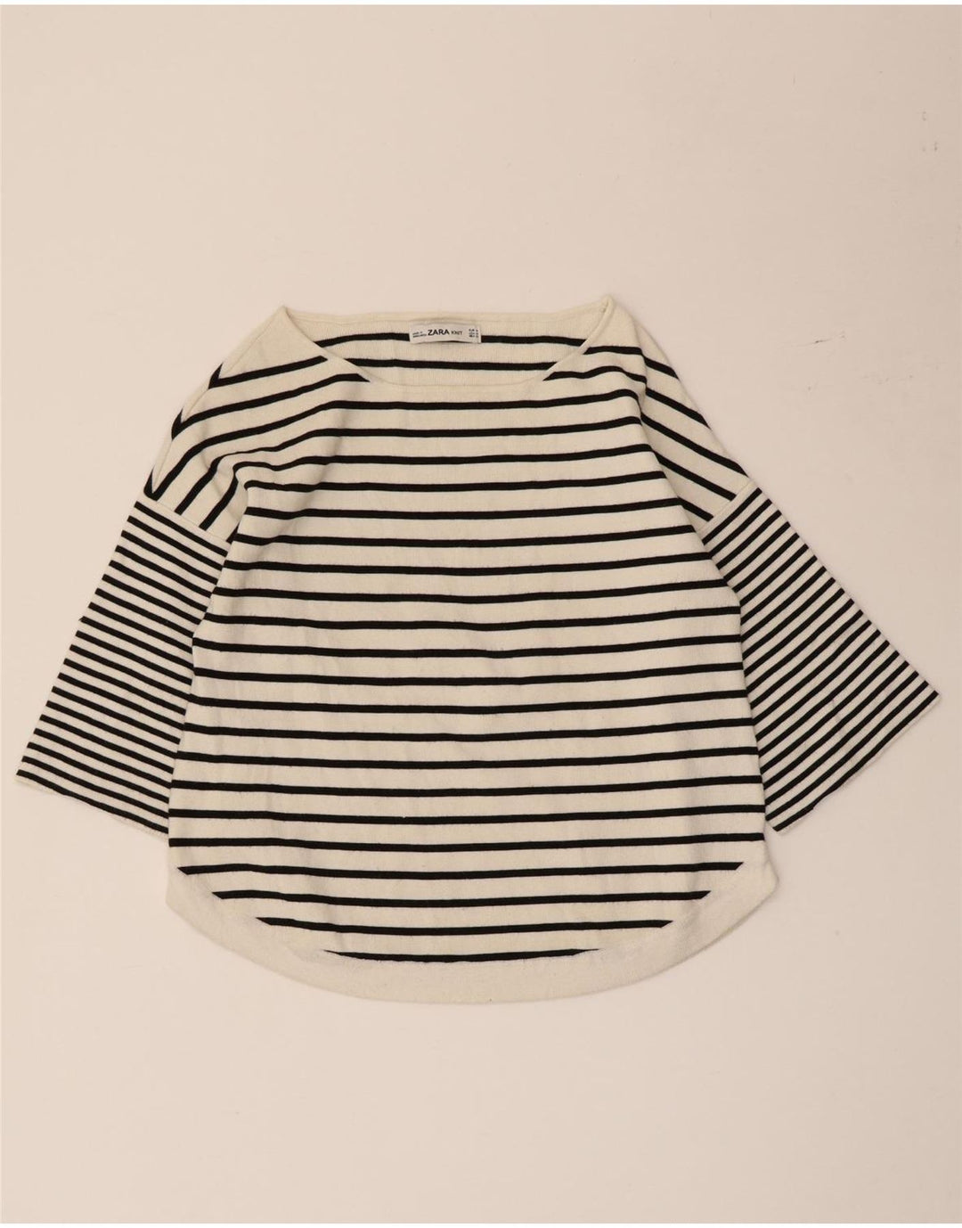 Zara Dame Top 3/4 ærmer UK 12 Medium Hvid Stribet Viscose Nautical
