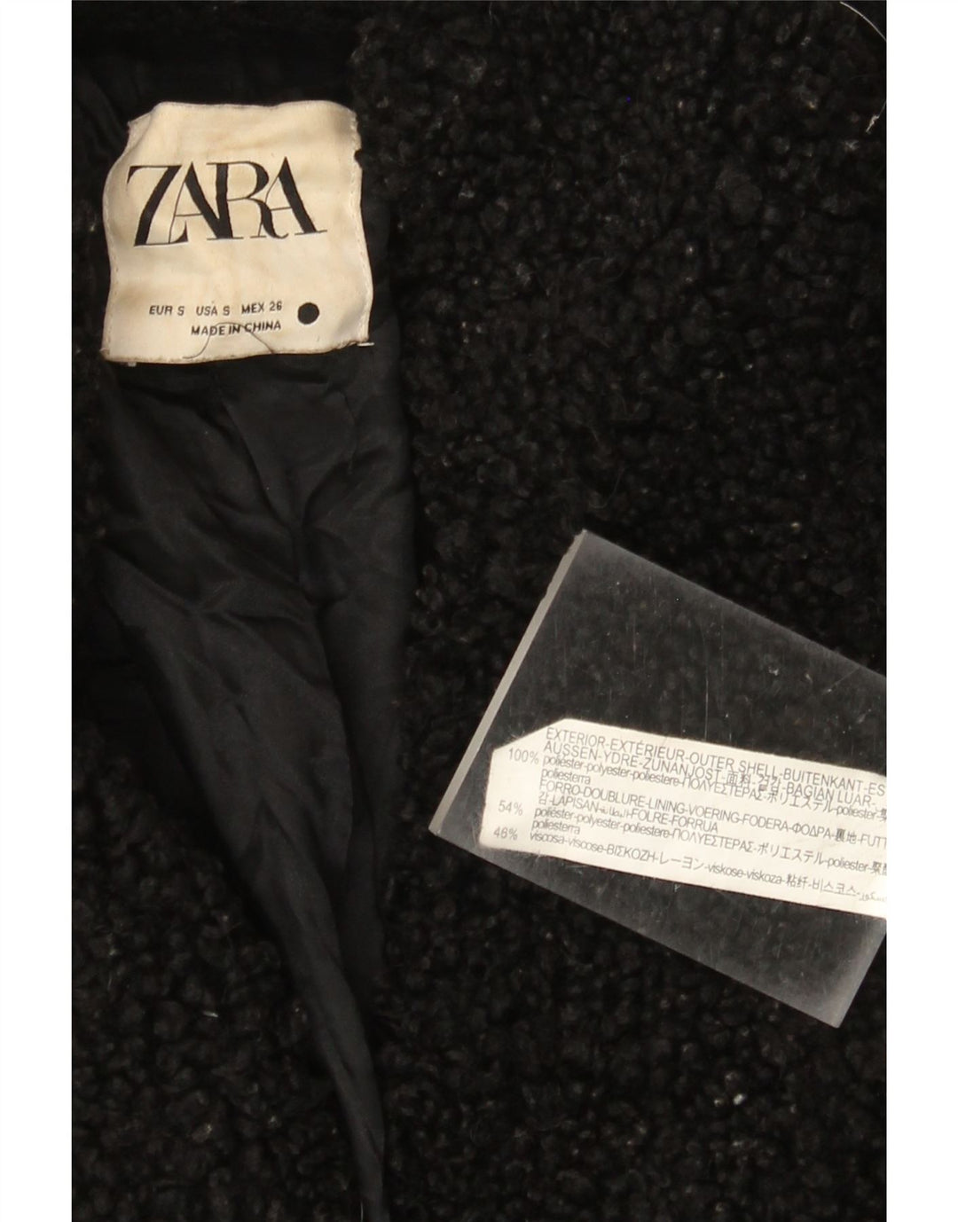 Zara Dame Oversized Fleece Overfrakke UK 10 Small Black Polyester