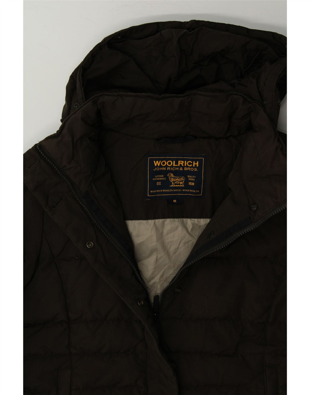 WOOLRICH Womens Hooded Padded Jacket UK 14 Medium Brown Nylon Vintage Woolrich and Second-Hand Woolrich from Messina Hembry 