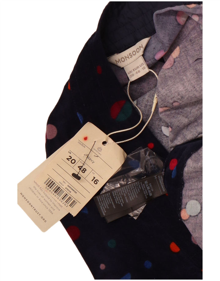 MONSOON Dame Velvet Mini Nederdel UK 20 2XL W40 Navyblå plettet bomuld