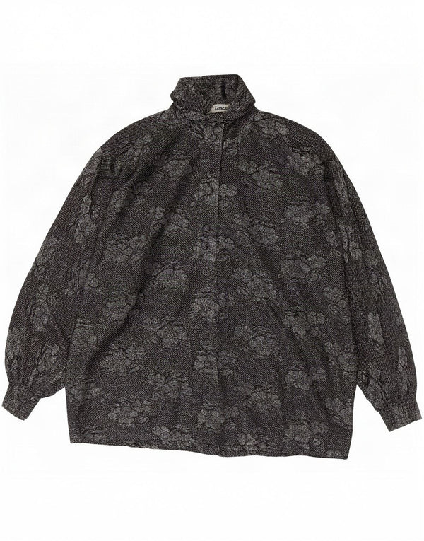 Vintage Dame se Gennem Langærmet Bluse Top UK 18 XL Black Floral
