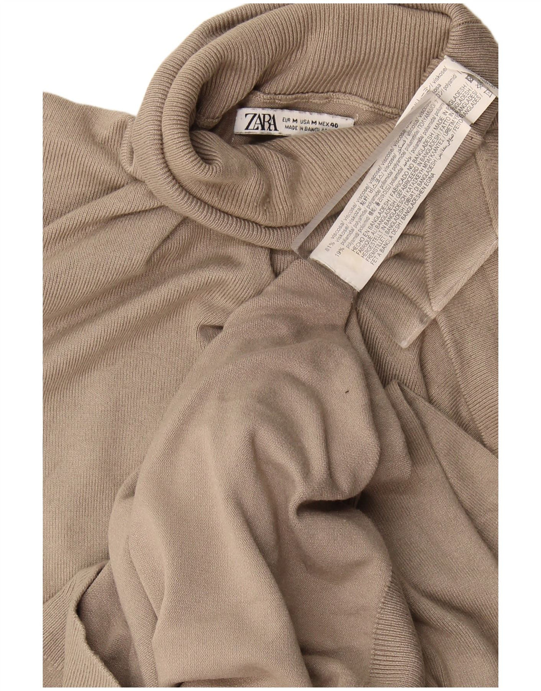 Zara Dame Rullehals Sweater UK 14 Medium Beige Viscose