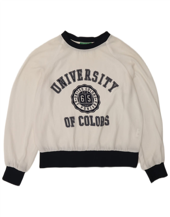 Benetton Dame Se Through Grafisk Top Langærmet UK 10 Small White