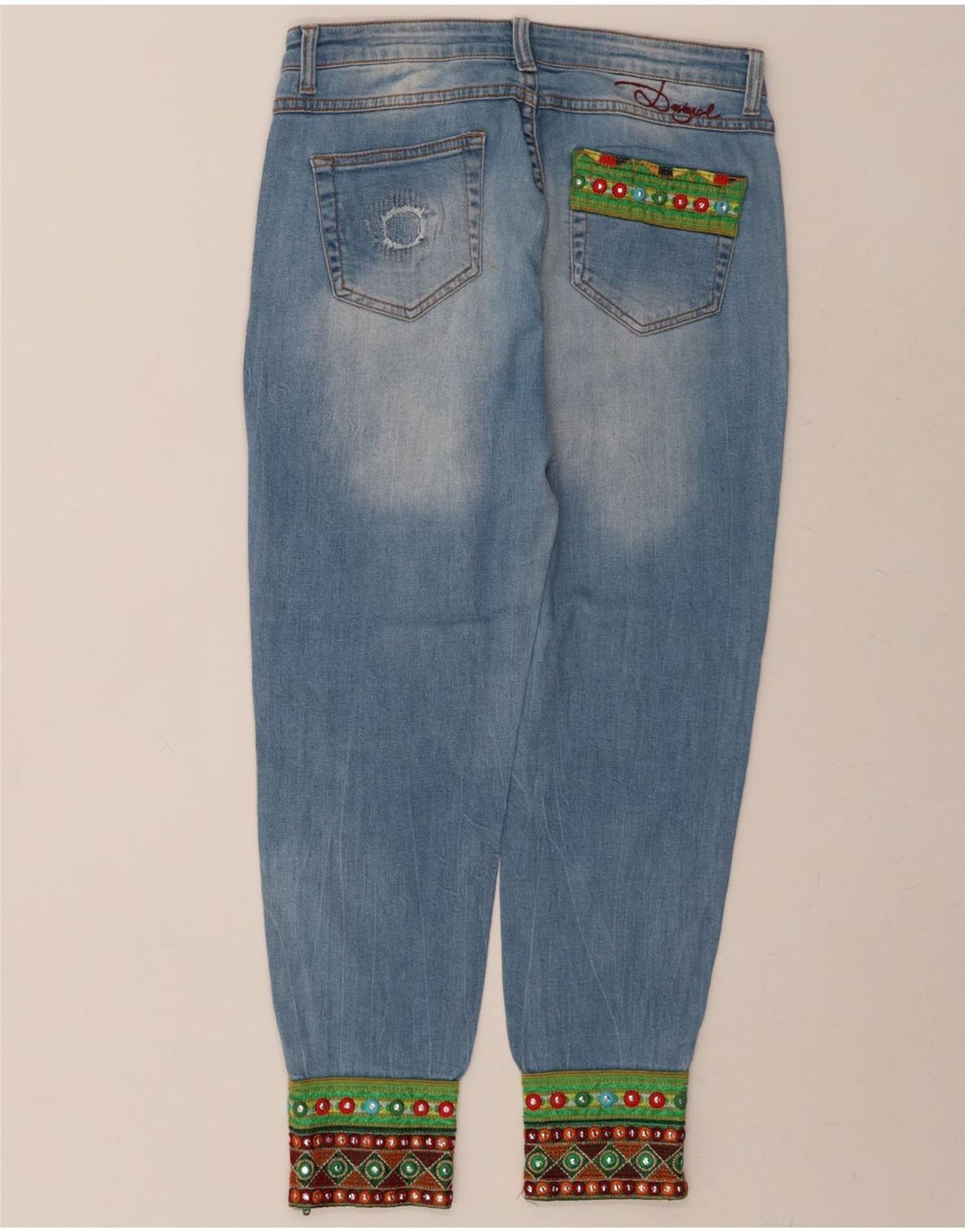 DESIGUAL Womens Joggers Straight Jeans W28 L27 Blue Patchwork Cotton Vintage Desigual and Second-Hand Desigual from Messina Hembry 