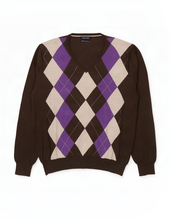 Massimo Dutti Herre V-hals sweater XL Brun Argyle/Diamant Bomuld