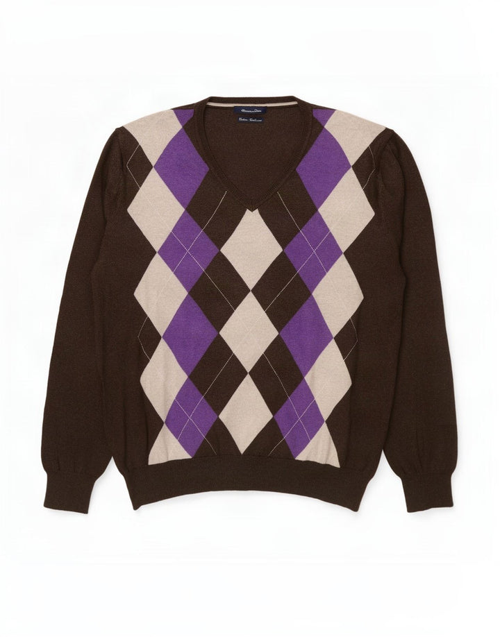 Massimo Dutti Herre V-hals sweater XL Brun Argyle/Diamant Bomuld